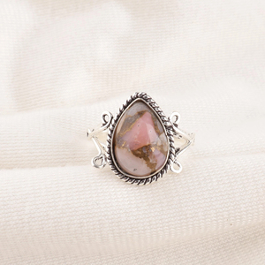 Belle bague en opale rose et cuivre, argent sterling 925, pierre précieuse de forme poire de 10x14 mm, bijoux faits à la main, pour femme, anniversaire - Product Image 5