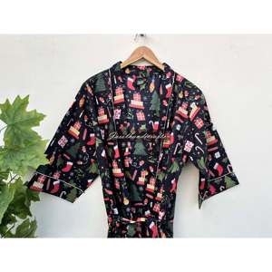Bata tipo kimono con estampado navideño y bolsillos, vestido largo holgado de poliéster tejido de manga corta, 1 pieza con cintura elástica - Product Image 2