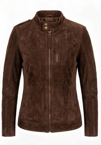 Custom Women Brown Goat <b>Suede</b> <b>Leather</b> Moto Biker <b>Jacket</b> Antique Brass Hardware Zipper Puller Slim Fit Ladies Winter - Product Image 2