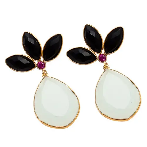 Exclusive Milky Chalcedony & Black Onyx Jewelry Gold Plated 925 Sterling Silver Pear Shape Gemstone Earring