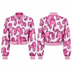 Veste universitaire rose à imprimé abstrait, manches longues, col rabattu, fermeture boutonnée, vêtements de printemps pour femmes - Product Image 1