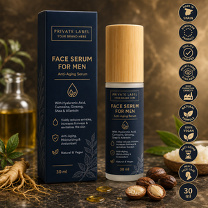 Siero Viso Uomo Private Label 30ml OEM |   Acido Ialuronico, Ginseng e Carnosina |   Anti-invecchiamento |   Prodotto in Spagna UE - Product Image 1