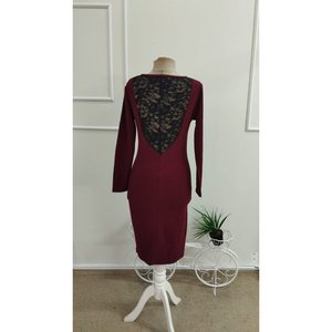 Robe midi à manches longues pour femme en crêpe importé avec détail en dentelle au dos, 37726 - Bourgogne - Product Image 4