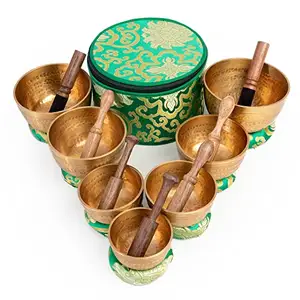 Conjunto de tigelas de canto tibetanas com 7 chakras - latão puro - úteis para meditação e atenção plena com caixa de transporte