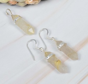 Juego de pendientes con colgante de piedras preciosas de Plata de Ley 925 rutilo dorado cortado, colgantes de cristal de bala perforados laterales, regalo para ella - Product Image 3