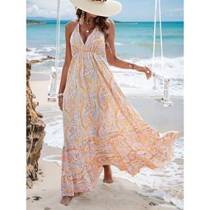 Robe longue à bretelles, col en V, dos nu, col halter, à motifs, pour femme, 35710 - Beige - Product Image 1