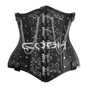 Corset steampunk en brocart marron avec panneaux en cuir - Product Image 6