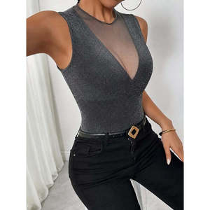 Women'<b>s</b> Sleeveless Tulle Round Neck Deep V-Neck Glitter <b>Blouse</b>, 36062 - Gray - Product Image 2