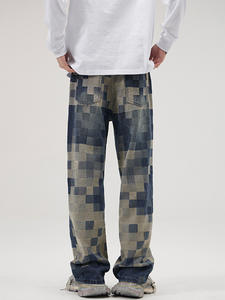 Factory Supply Customizable Unisex Wide Leg Denim Jeans Breathable Gothic Party Vintage American Grid Pattern Hip Hop Streetwear - Product Image 5