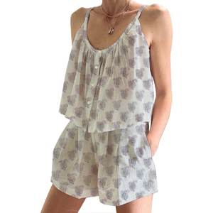 Conjunto de Pijama Corto con Mangas con Volantes Estilo Boho Hippie para Mujer, Algodón Indio, Primavera/Verano, Floral, Ajustado, con Tirantes, Sin Mangas - Product Image 1