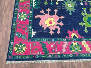 Tapis Suzani ouzbek fait à la main 8x10-tapis en laine bleu marine et rose, tapis bohème coloré ensembles de tapis en laine persane - Product Image 4