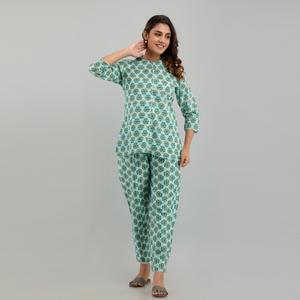Women's Casual Cotton Floral Print Night <b>Suit</b> Sea Green with Custom Logo Button Closure Soft Woven Fabric for Bridesmaids - Product Image 4