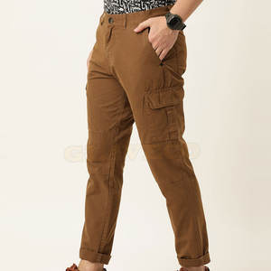 กางเกงคาร์โก้ลำลองของผู้ชายกางเกงเอวสูงขนาดกลางน้ำหนักเบาผ้าฝ้ายสีทึบย้อมตรง - Product Image 2