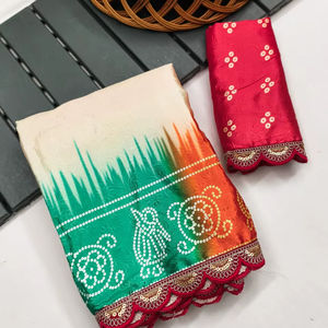 Saree étnico con estampado Bandhej colorido con borde bordado tradicional fiesta de boda Diwali Festival desgaste para graduación temporada de invierno - Product Image 1
