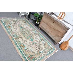 Classique Beige Bleu Vintage Tapis Turc 3.9 X 6.8ft À La Main Patchwork Conception Laine Bambou Soie Matériel Latex Support pour Vivre - Product Image 1