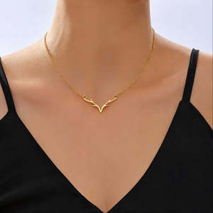 Collar con colgante de asta de ciervo de plata estampada con baño de oro para mujer, de aleación de latón y zinc, con diseño de amantes de los animales y hoja de diamante, regalo - Product Image 2