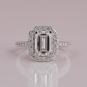 <b>Solid</b> 18KT Gold Plated Handmade Emerald Cut Lab Created Diamond Halo Setting Engagement Wedding Ring for Women - Product Image 1