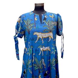 Haute qualité à la main 100% coton numérique imprimé femmes thé longueur col rond formelle soirée robe d'été pour femme - Product Image 2