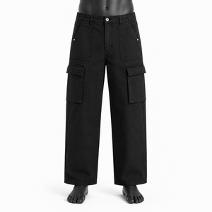 Pantalones Cargo Negros Personalizados al por Mayor, Pantalones Casuales de Algodón de Alta Calidad con Pierna Ancha y Múltiples Bolsillos para Hombre, Ropa Urbana - Product Image 1