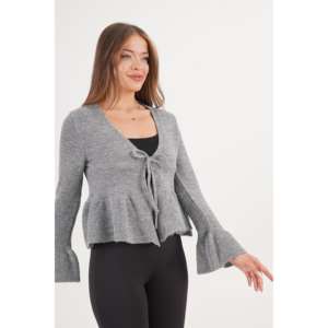 Cardigan gris pour femme avec détail volanté à nouer sur le devant – Vente en gros - Product Image 2