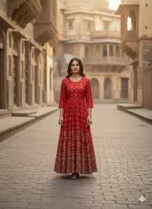 Vestido Anarkali Rajwada Ruby, vestido Rajputi. Este Anarkali fluido presenta delicados motivos en tono dorado. - Product Image 4