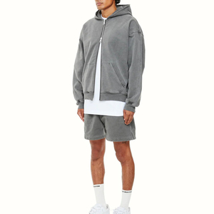 Sudadera con capucha con cremallera completa lavada con ácido para hombre personalizada hecha en fábrica, Sudadera con capucha de algodón transpirable con cremallera para hombre - Product Image 4