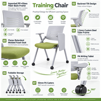 Chaise de formation pliable professionnelle avec assise en mousse moulée, tablette d'écriture et roulettes pour centre de formation et de conférence