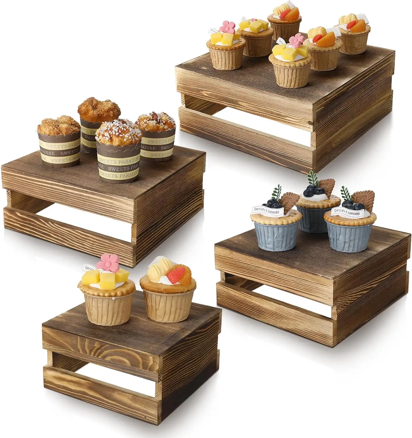 素朴な木製カップケーキディスプレイスタンド: 装飾的なデザートと前菜のライザークレート、ケーキなどに最適