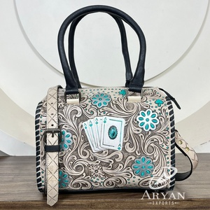 Handmade <b>Tooled</b> Genuine Leather Poker Ace Speedy Bag Western Floral <b>Engraved</b> Cowhide Duffel Bag Vintage Turquoise Shoulder Bag - Product Image 1