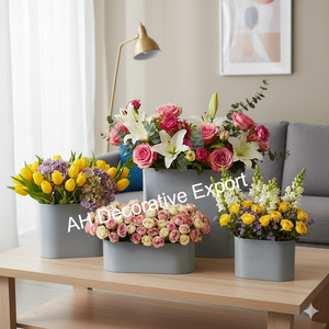 Vase à fleurs moderne de luxe en métal mat avec fleurs multicolores, décoration de table pour la maison et le bureau - Product Image 4