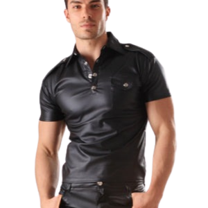 Leatherette <b>Mens</b> Style Short Sleeve Shirt Black Faux Leather <b>Fetish</b> Club <b>Wear</b> Button Front Top - Product Image 5