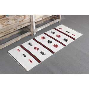 Tapis turc, petit tapis vintage 1,8x4,4 pieds, tapis en laine abstrait blanc et rouge - Product Image 1