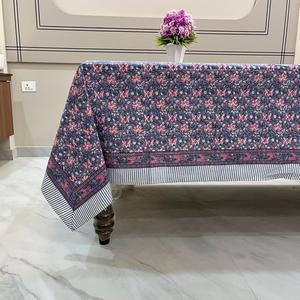 Grey Blue, Cornus florida Pink Floral Indian Hand Block Printed cloth Tablecloth, Handcrafted Cloth <b>Table</b> <b>Cover</b>, Christmas - Product Image 5
