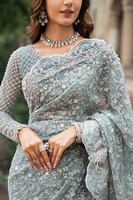 Sari traditionnel long en soie georgette, brodé, pour les mariages, les fêtes, les festivals - élégant et de haute qualité