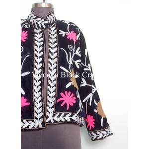 Handmade Chic Embroidery Suzani <b>Velvet</b> Short <b>Jacket</b> Floral Pattern Indian Coat with Wool Lining Winter 100% Cotton Floral <b>Jacket</b> - Product Image 2