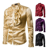 Kemeja Tuxedo Pria Satin Mewah Bermotif Sutra, Kasual High Street, Lengan Panjang, Anti Kusut, untuk Musim Semi