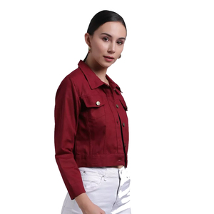 เสื้อแจ็กเก็ตผ้ายีนส์สีแดงเข้มสำหรับผู้หญิงเสื้อแจ็กเก็ตแฟชั่นบุขนสัตว์ระบายอากาศได้ดีมีกระเป๋า - Product Image 2