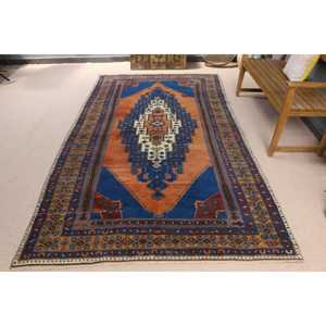 พรมวินเทจขนาดใหญ่ 5.3x9.6 ฟุต สีน้ำเงินตุรกี พรมสีพื้น - Product Image 1