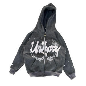 ชุดเซ็ตเสื้อฮู้ดดี้และกางเกงสเวตแพนท์ทรงโอเวอร์ไซส์ แบบซิป พร้อมลายพิมพ์พัฟฟ์ สไตล์สตรีทแวร์ ลวดลายสกรีนแบบครอปทรงบ็อกซี่  ผ่านกระบวนการฟอกสีแบบ Distressed Acid Wash - Product Image 4