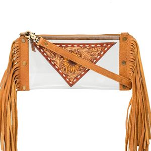 Venta caliente nuevo diseño bohemio azteca occidental cuero genuino calidad premium bolso cruzado hecho a mano con flecos transparentes a la moda - Product Image 4