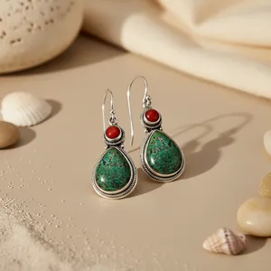 Boucles d'oreilles pendantes Art Palace en argent tibétain et turquoise, avec serti en corail rouge, plaqué argent, style bohème vintage, bijoux pour femmes - Product Image 1