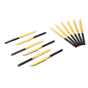 Ensemble de couteaux à dîner et à fruits de luxe en acier inoxydable plaqué or 12 pièces avec des poignées élégantes recouvertes de silicone noir, couverts de qualité supérieure - Product Image 3