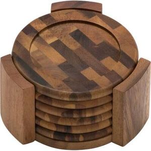 Wooden Tea & Coffee Serving <b>Coaster</b> Round Walnut Color <b>for</b> Home & Restaurant <b>Drinks</b> Serving <b>Coaster</b> with Holder - Product Image 1