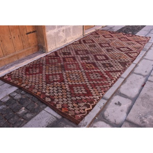 Alfombra Kilim turca Vintage 5,5X11,7 pies marrón rojo tejido plano lana yute alfombra látex rectángulo Patchwork para decoración de habitación de pasillo - Product Image 2