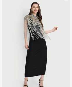 Robe de soirée burlesque festive, cape, perles, sequins, broderie, design asymétrique élégant, 100% polyester, mini col haut - Product Image 5