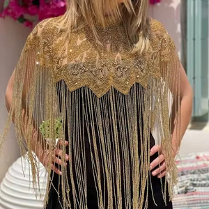 Elegante capa burlesca con flecos de lentejuelas con cuentas bordadas se sujeta en el cuello silueta recta para uso festivo - Product Image 1