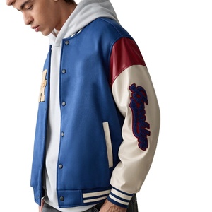 Tous les jours décontracté à manches longues collège Baseball Varsity vestes Vintage motif brodé en cuir Patchwork support toile - Product Image 1