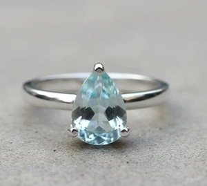 Minimalist S925 Sterling <b>Silver</b> Pear Cut Natural Aquamarine Cocktail <b>Ring</b> Engagement Wedding Party Jewelry Prong Setting Rhodium - Product Image 6