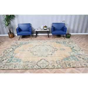 Alfombra Vintage, Alfombra Turca Grande de 6.4x10.1 pies, Alfombra con Bordes Azules y Blancos - Product Image 1