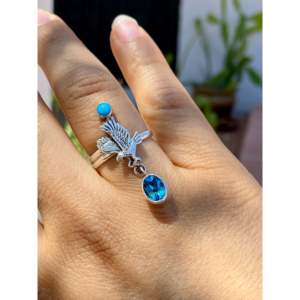 Loretta Delgarito Kingman <b>Turquoise</b> & Blue Topaz Sterling Silver Eagle <b>Ring</b> Size 7.5-Gift Ready - Product Image 2